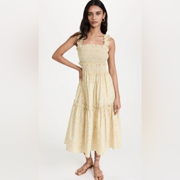 OPT SHIRRED FLORAL PRINT MIDI DRESS IN OLIVE - Picture 3 of 8